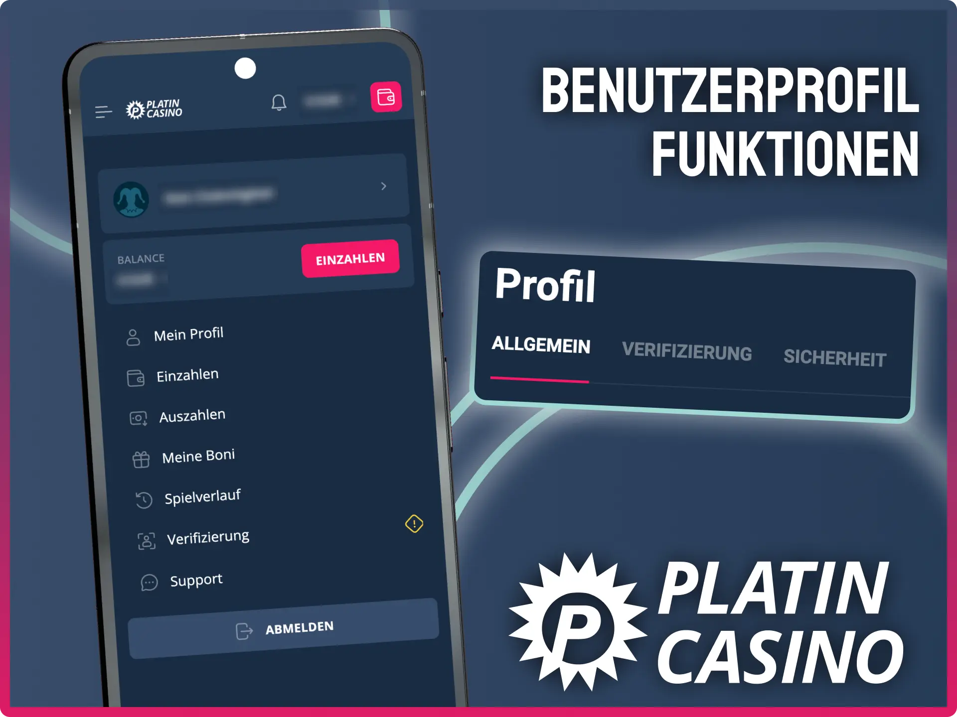 Benutzerprofil bei Platin Casino öffnen und Daten verwalten.