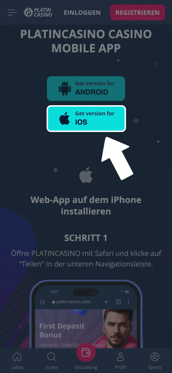 Platin Casino iOS Button auswählen und Download starten.