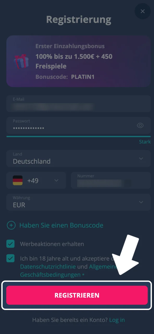 Bei Platin Casino einloggen oder neues Konto registrieren.