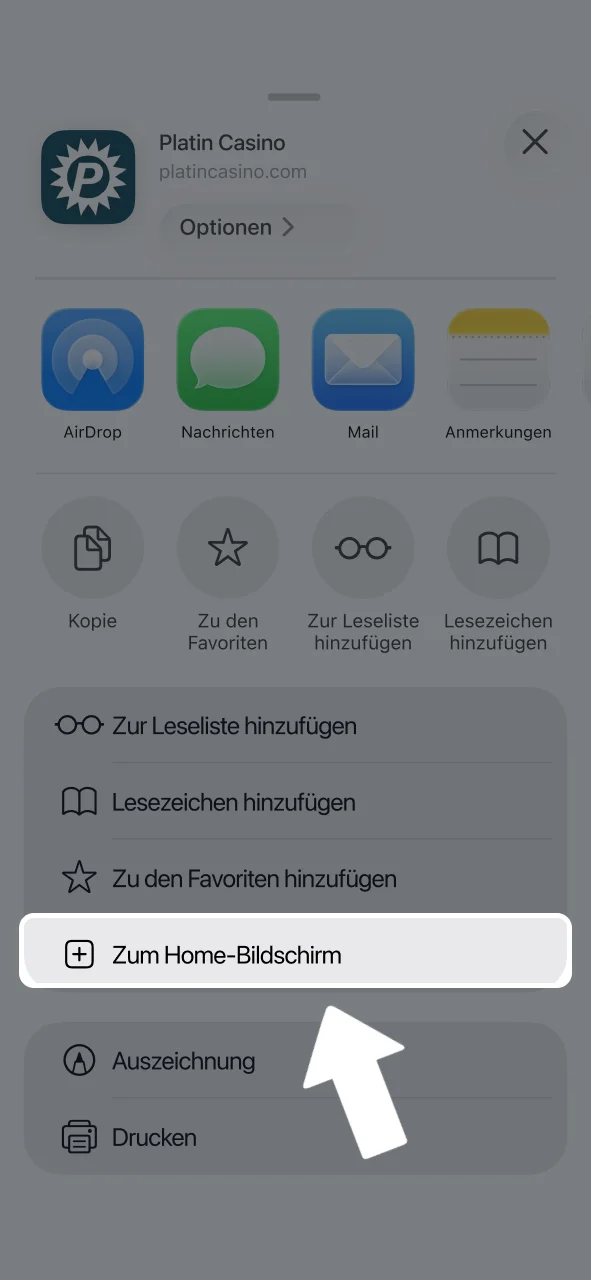 Platin Casino zum Home-Bildschirm hinzufügen.