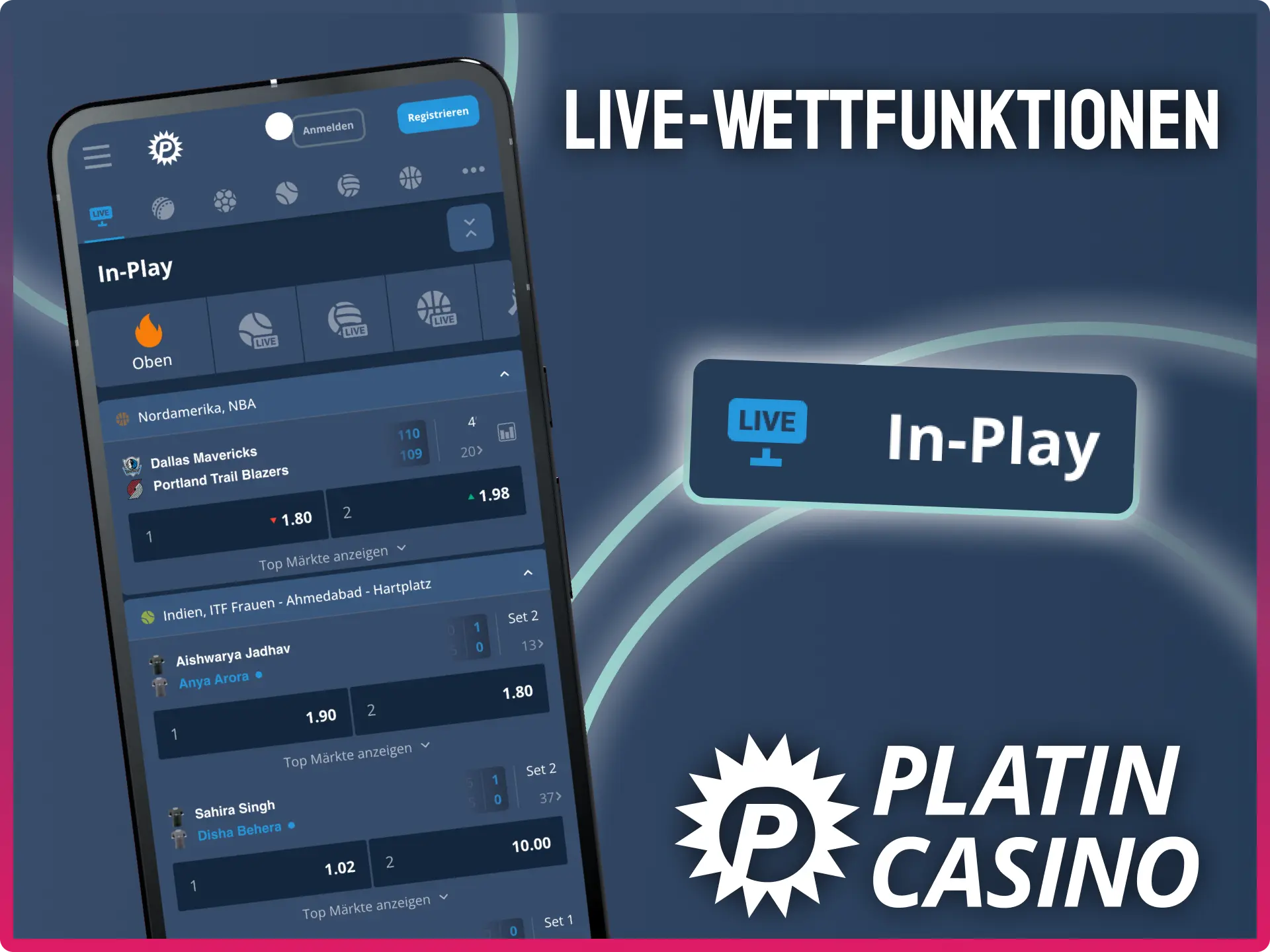 Live Wetten bei Platin Casino nutzen und Quoten verfolgen.