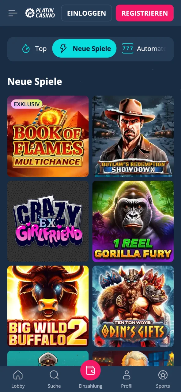 Casino bei Platin Casino auf Android öffnen und spielen.