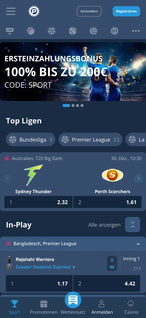 Sportwetten bei Platin Casino auf Android entdecken und tippen.