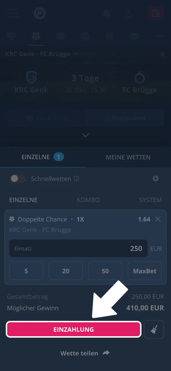 Bestätigung tippen und aktive Wetten im Platin Casino sehen.