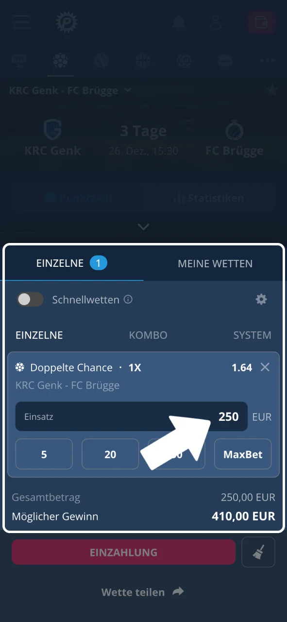 Wettschein öffnen, Einsatz eingeben und Platin Casino Gewinn prüfen.