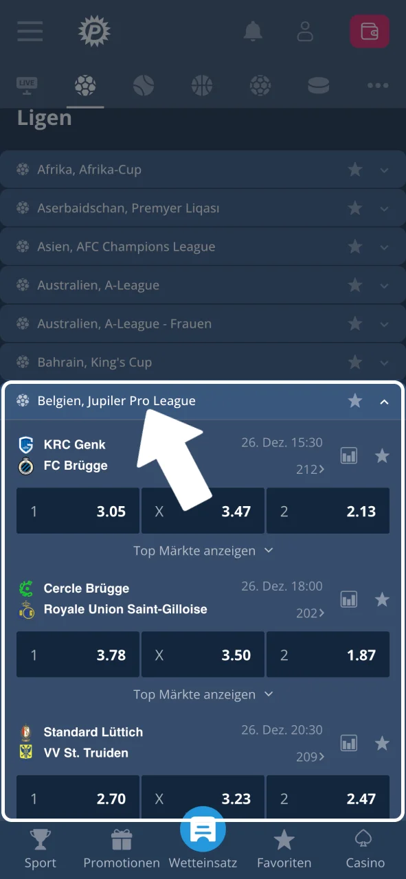 Sportbereich öffnen und Platin Casino Liga auswählen.