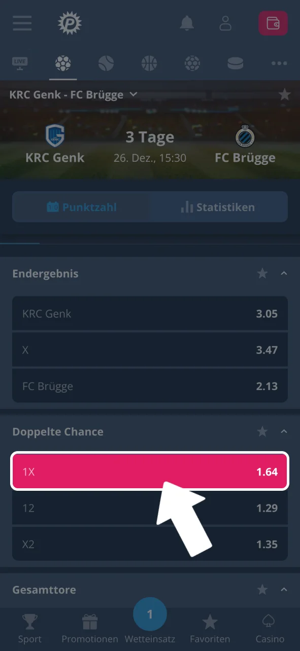 Match auswählen, Quote tippen und Platin Casino Wettschein füllen.