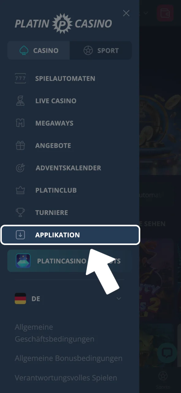 Platin Casino App-Button antippen und zum Android Download wechseln.