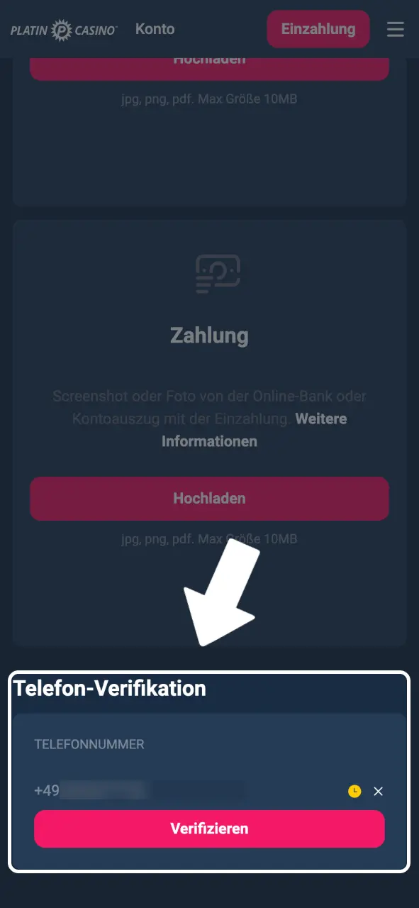 Platin Casino Sicherheit erhöhen und Code eingeben.