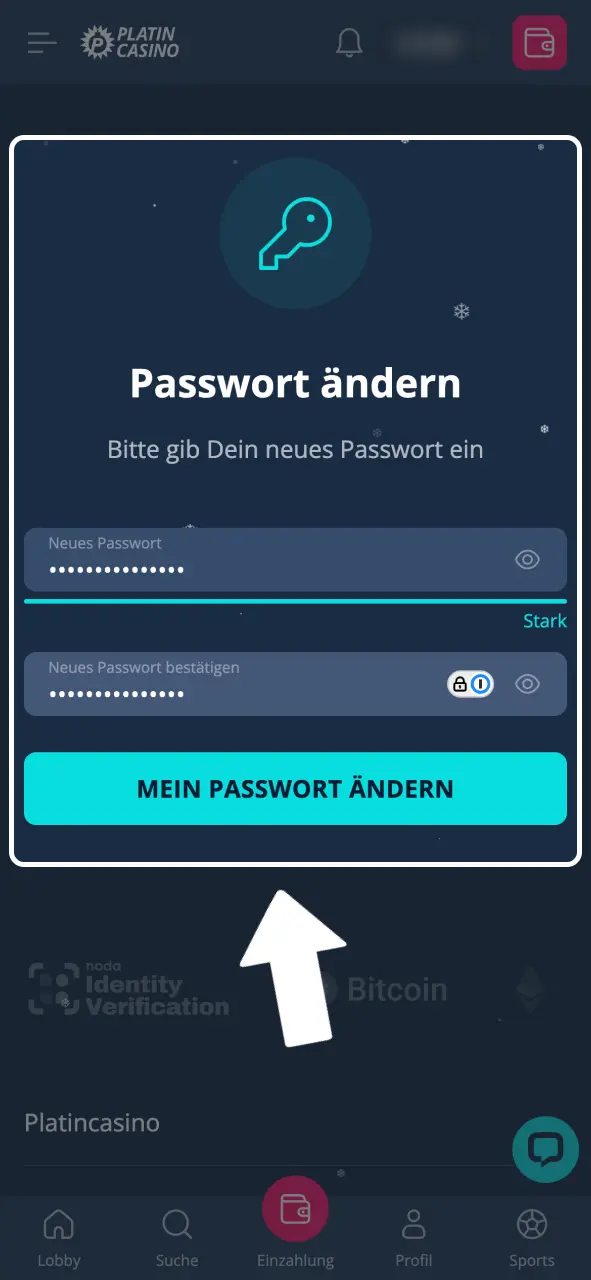 Neues sicheres Passwort bei Platin Casino festlegen.