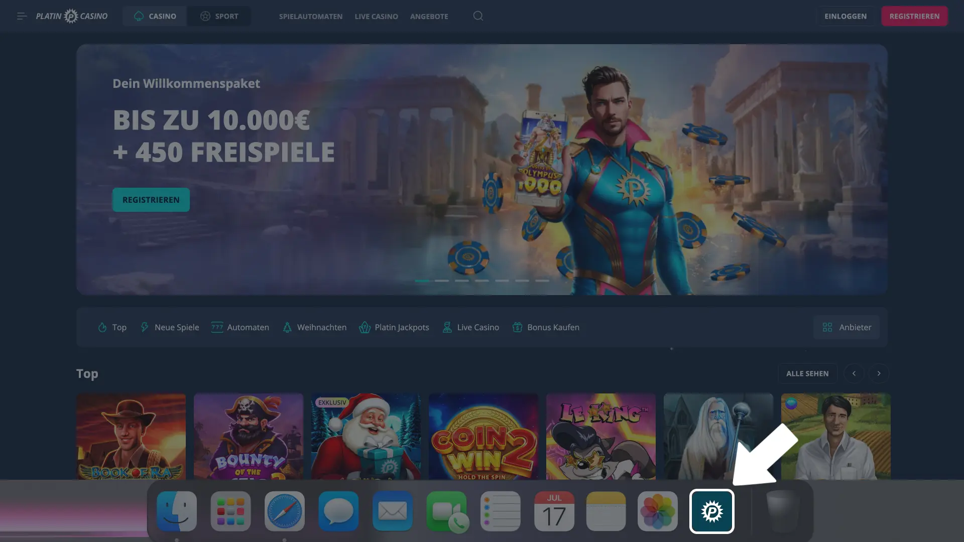 Programme-Ordner oder Launchpad nutzen und Platin Casino starten.