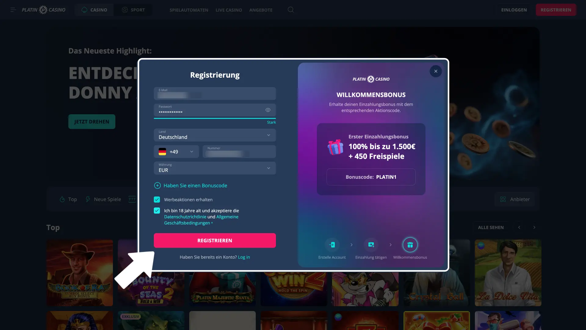 Platin Casino Daten eingeben und Registrierung abschließen.
