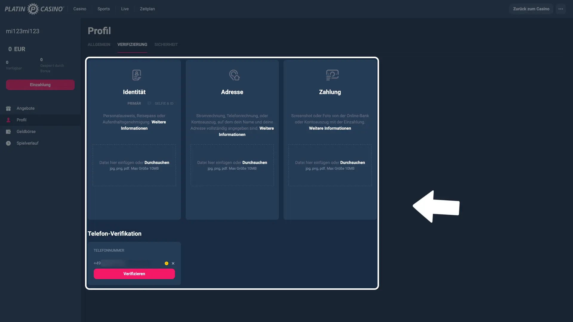 Platin Casino Konto verifizieren und sofort starten.