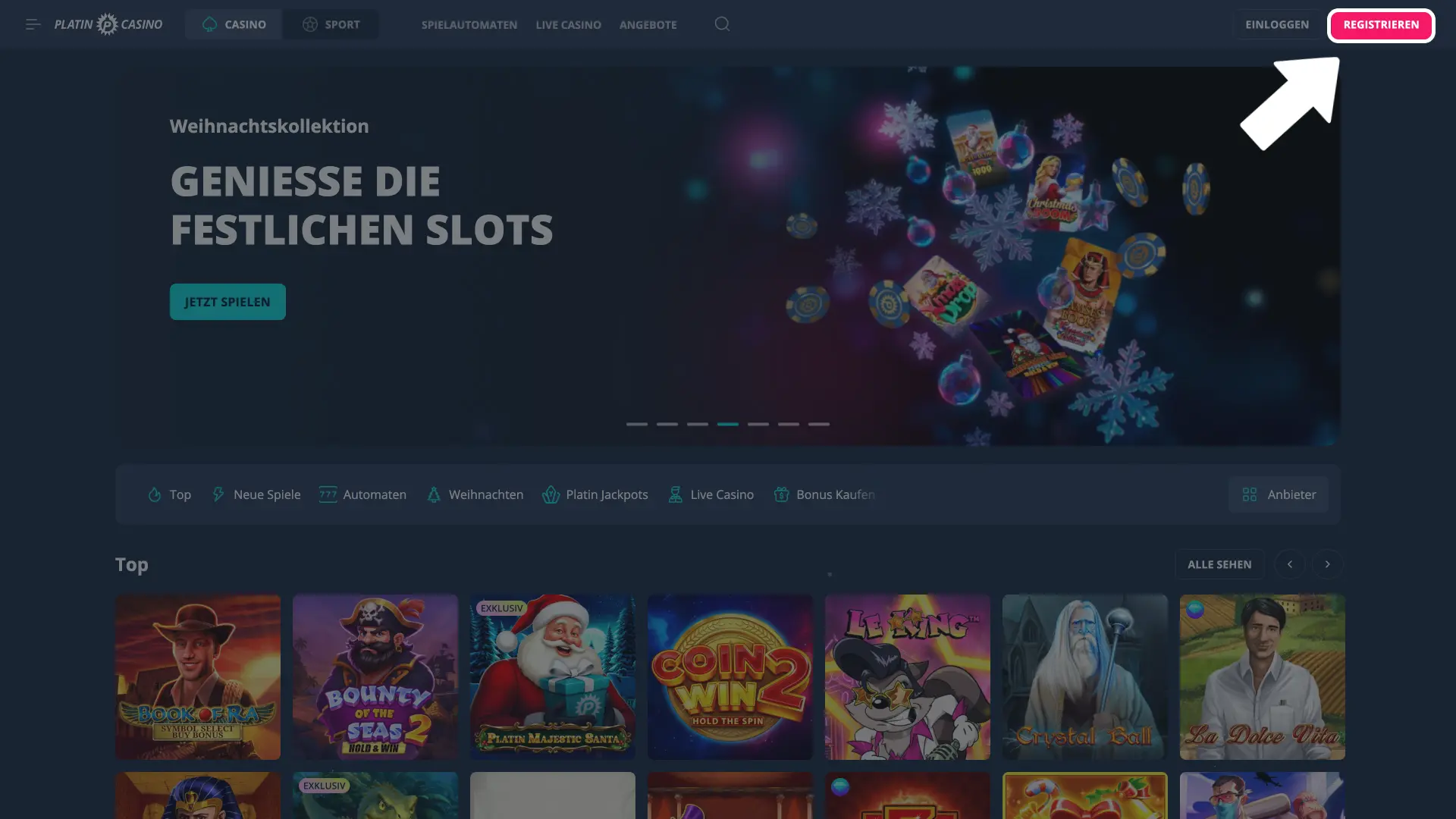 Platin Casino Registrierung öffnen und Option wählen.