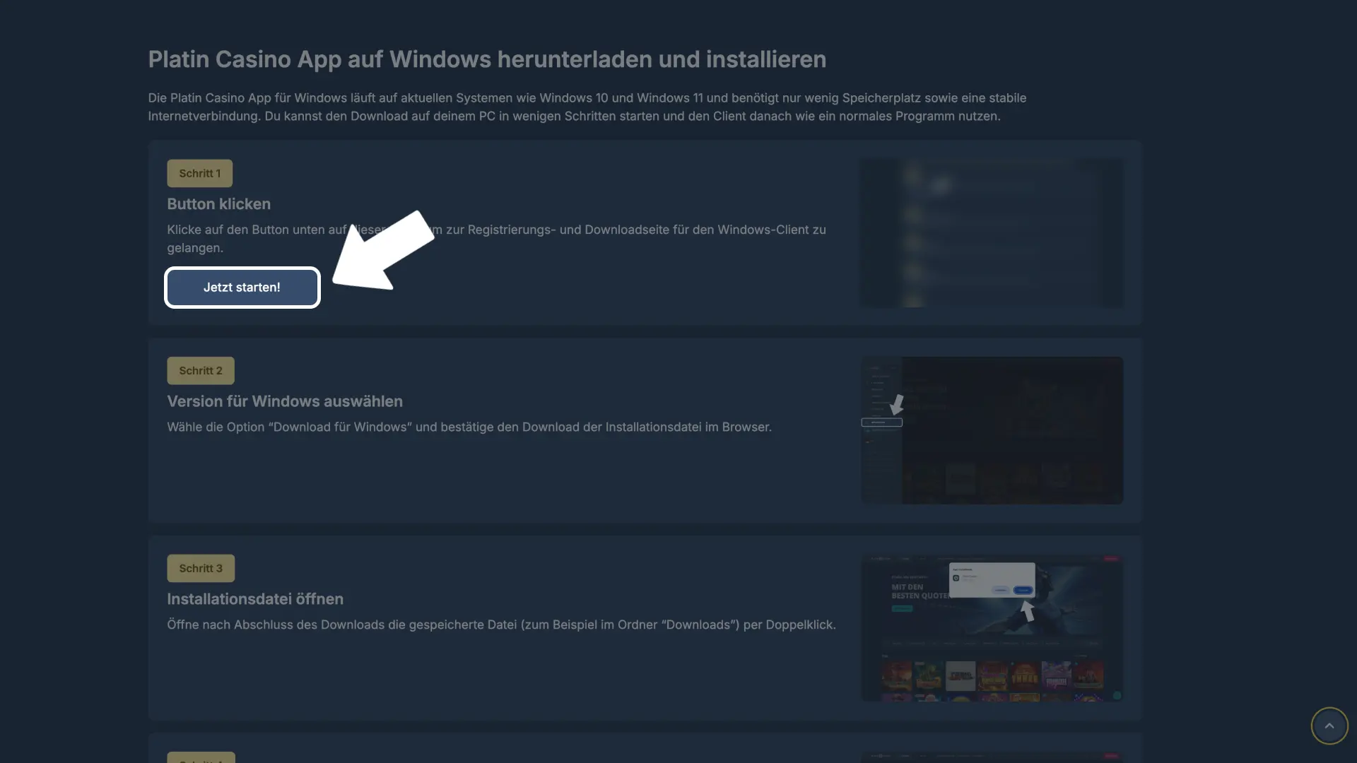 Auf den Button klicken und Platin Casino Windows Download starten.