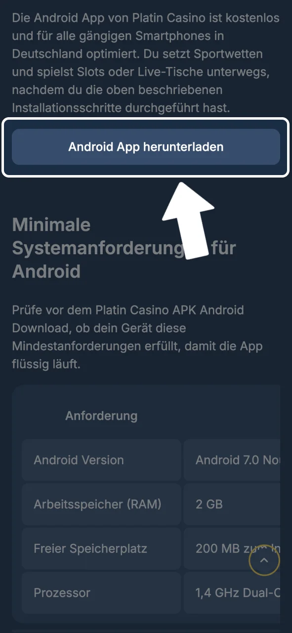 Auf den Download-Button tippen und Platin Casino iOS App herunterladen.