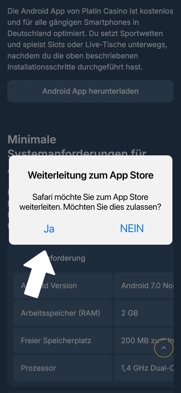 Weiterleitung akzeptieren und Platin Casino iOS App im App Store öffnen.