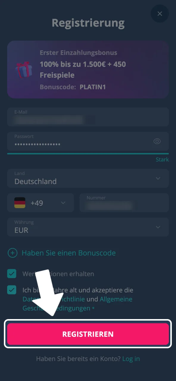 Login-Daten festlegen und Platin Casino Registrierung bestätigen.