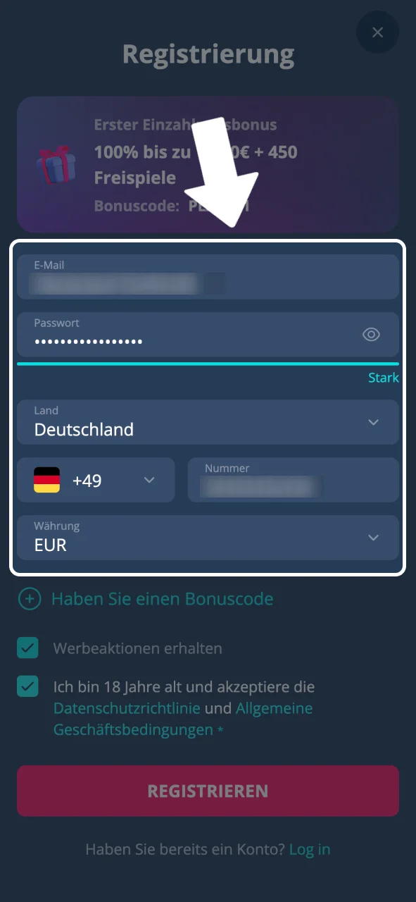 Persönliche Daten eingeben und Platin Casino Konto erstellen.