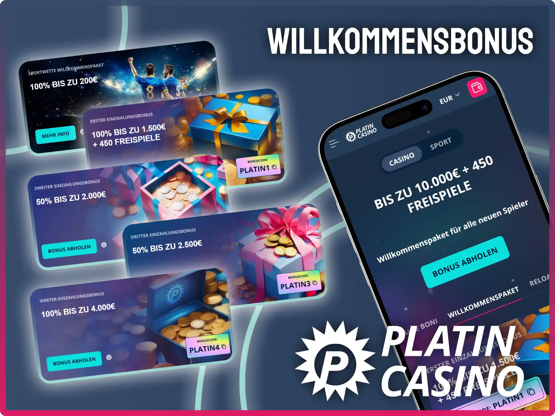 Hole dir das volle Willkommenspaket bequem über dein Smartphone im Platin Casino.