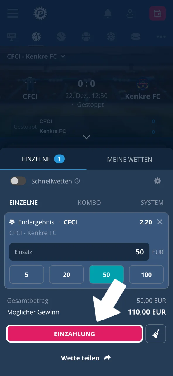 Platin Casino Markt auswählen und auf Quote tippen.