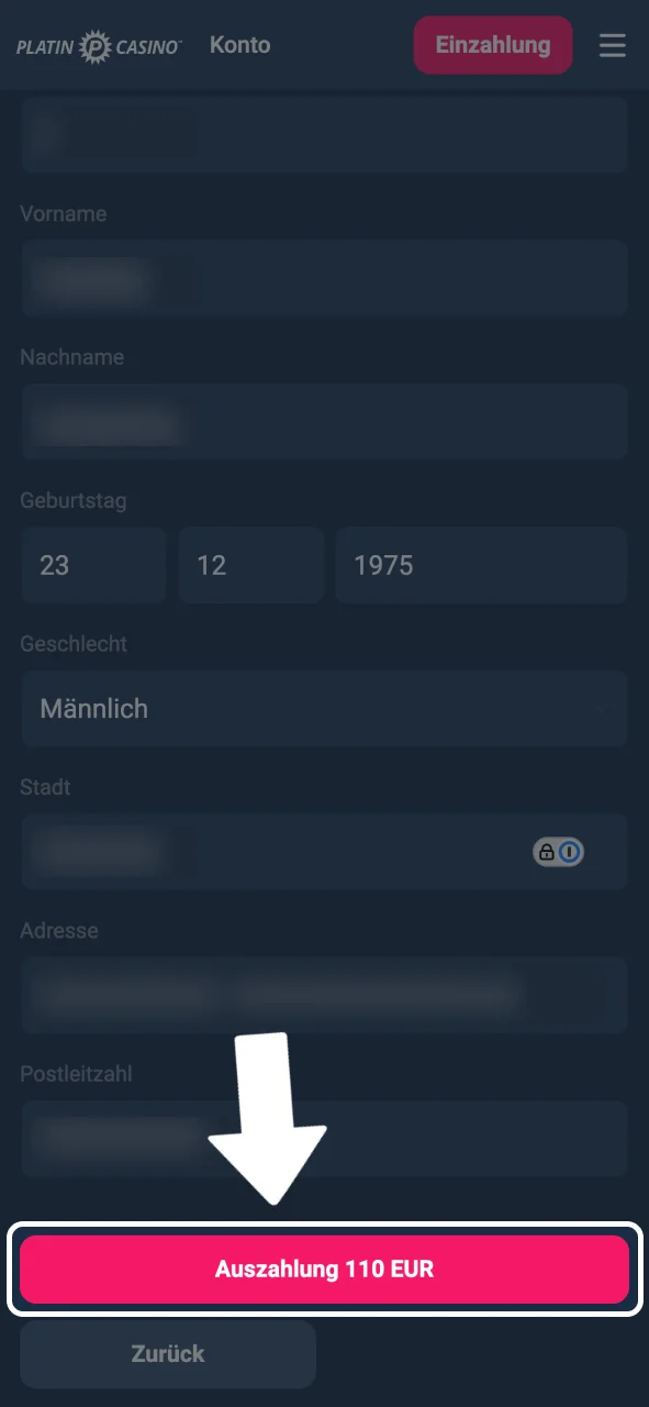 Warte auf Ergebnis und Gewinne im Platin Casino auszahlen lassen.