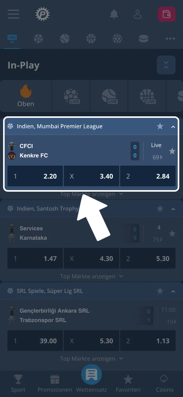 Sportbereich öffnen und Platin Casino Liga oder Event wählen.
