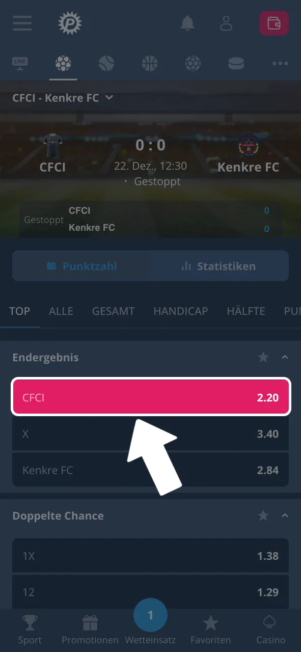 Markt und Quote wählen und Platin Casino Auswahl tippen.