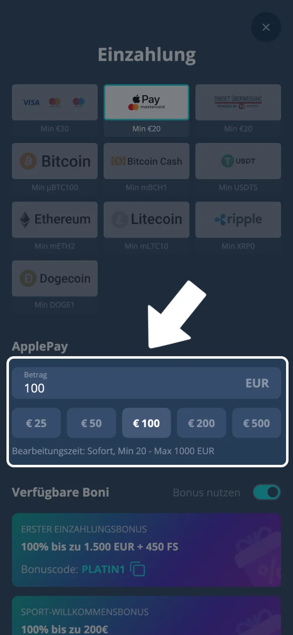 Geld einzahlen und Platin Casino sofort nutzen.