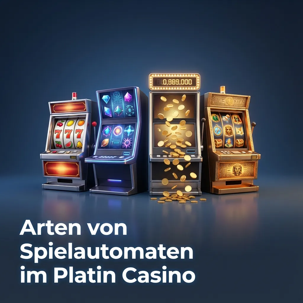 Grafik zu Slot-Arten im Platin Casino: klassische, Video-, Megaways-, Jackpot-, Cluster- und Früchte-Slots