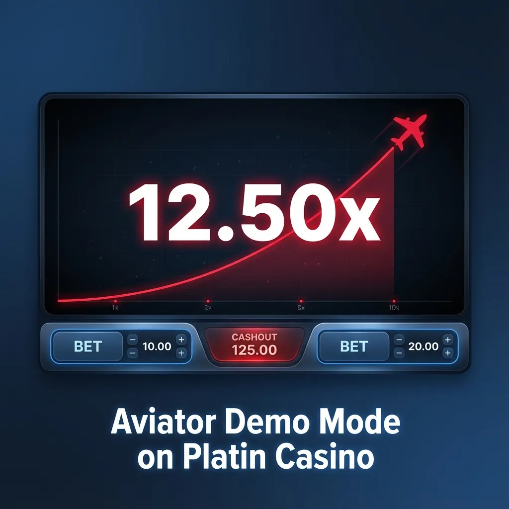Screenshot of Aviator demo game on Platin Casino with virtual balance, plane flight path, multiplier and bet controls visible