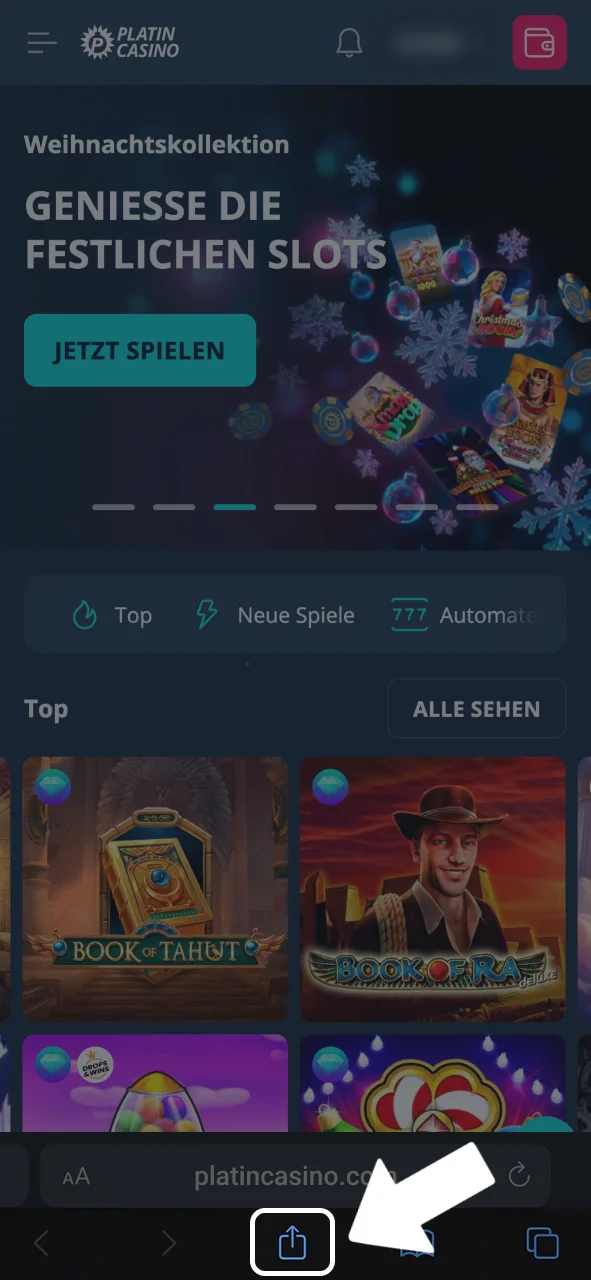 Teilen-Symbol nutzen und Platin Casino zum Homescreen hinzufügen.
