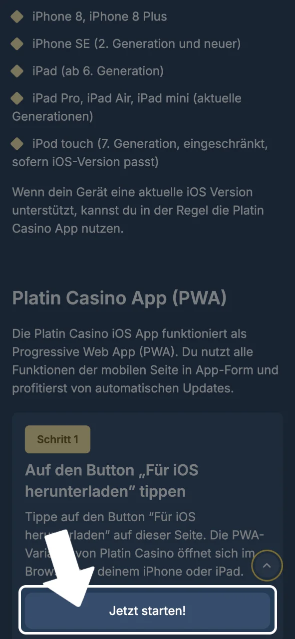 Platin Casino iOS Download starten und im Browser öffnen.
