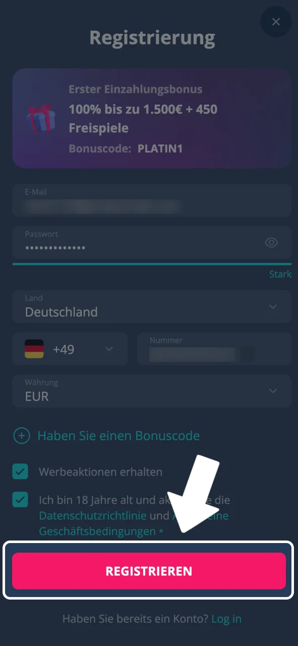 Platin Casino Konto registrieren und Daten eingeben.