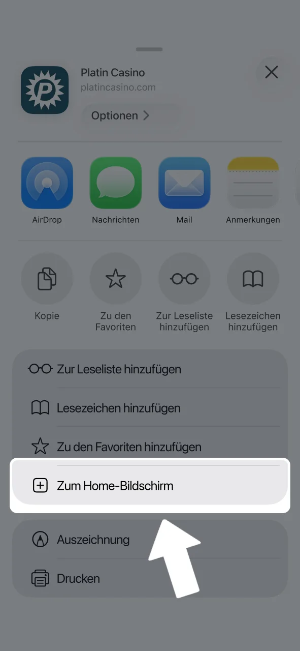 Platin Casino zum Home-Bildschirm hinzufügen und starten.
