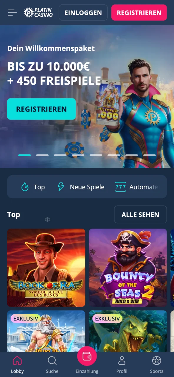 Platin Casino über Homescreen schnell starten.