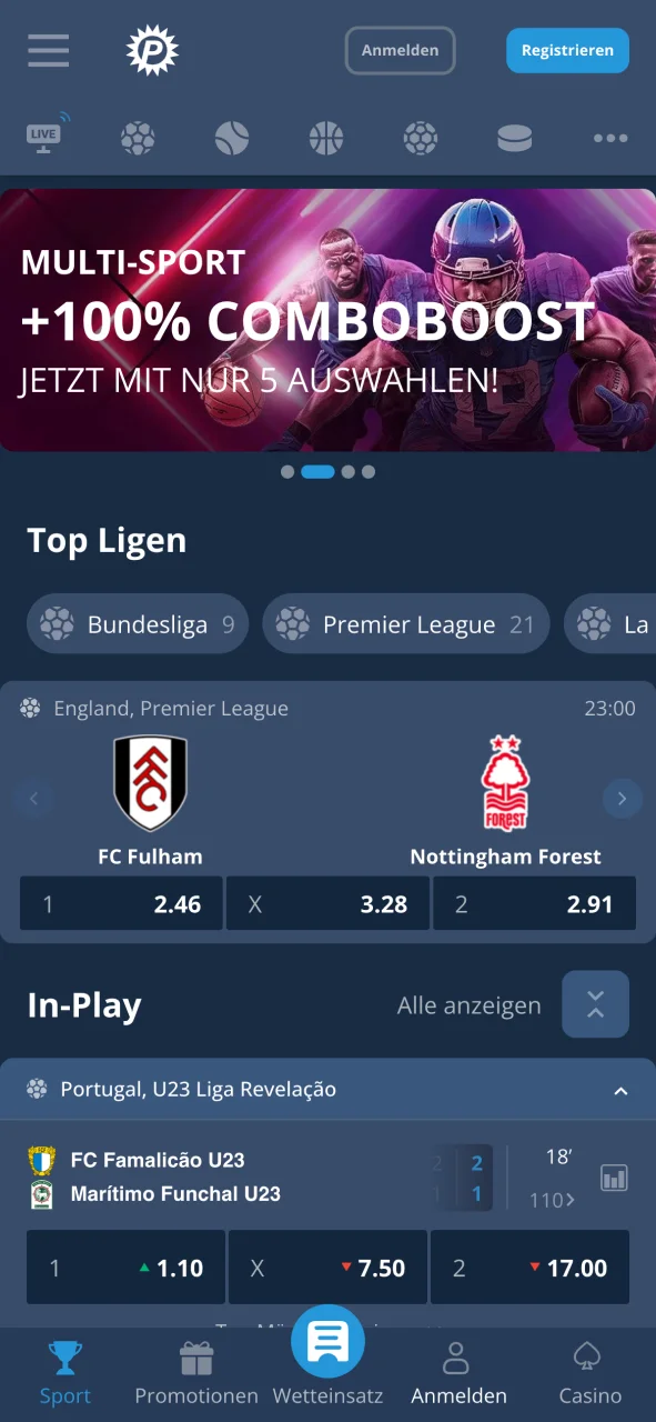 Platin Casino Sportbereich öffnen und Wetten platzieren.