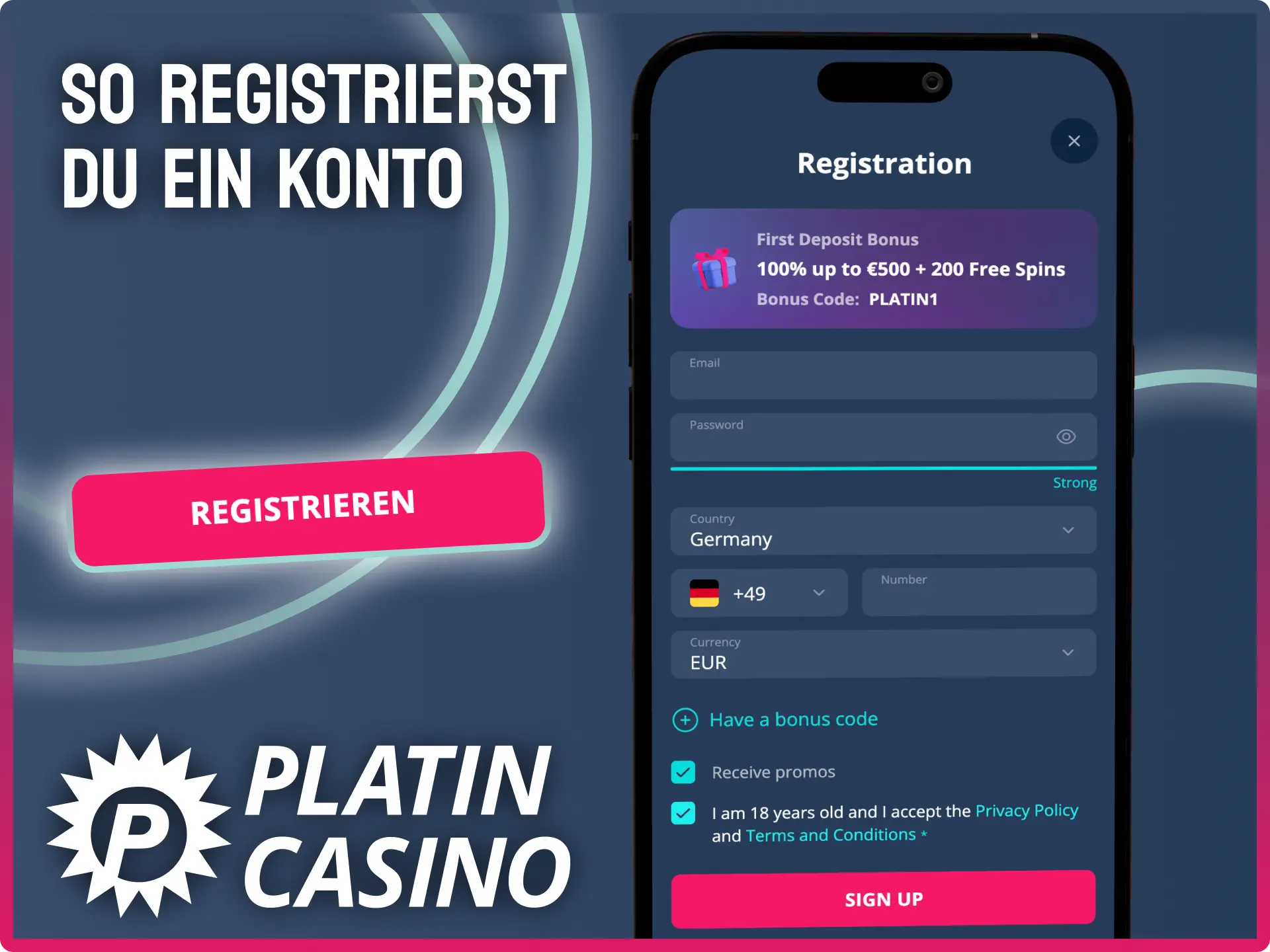 Konto in der Platin Casino iOS App registrieren und starten.