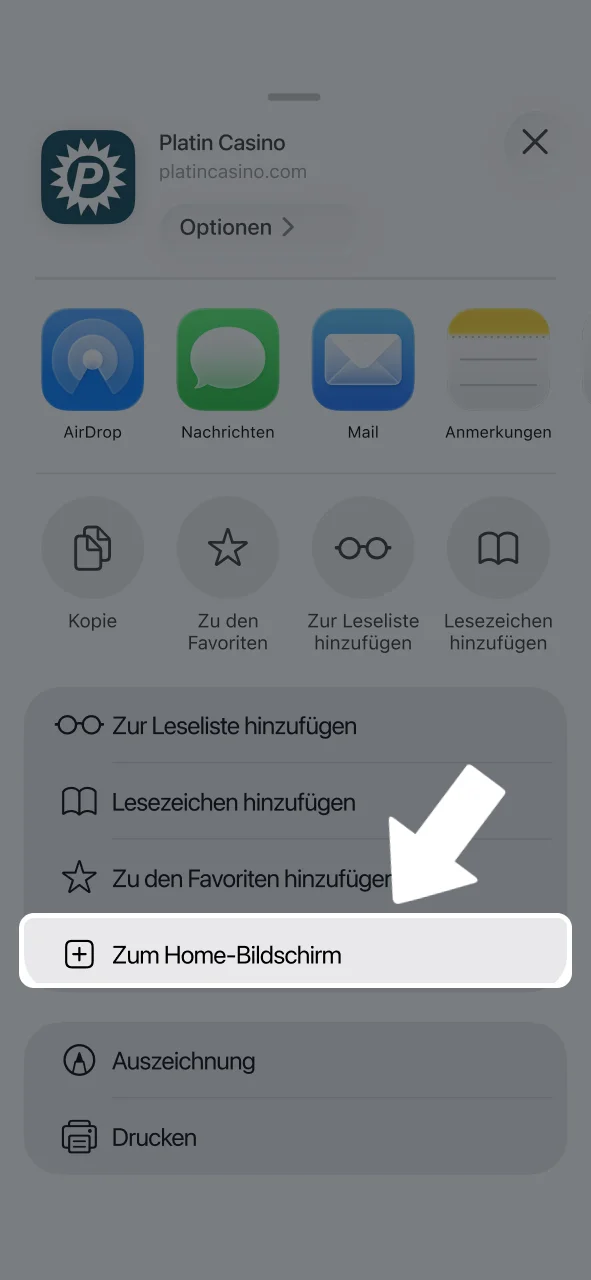 Platin Casino App zum Home-Bildschirm hinzufügen.