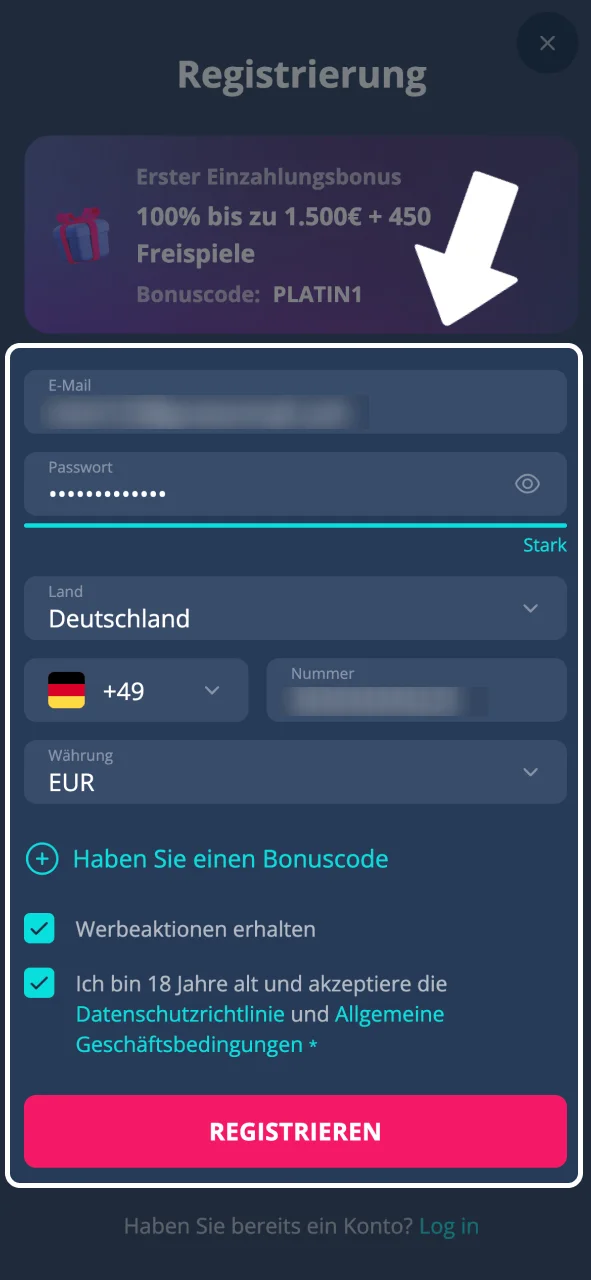 Platin Casino Konto anlegen oder direkt einloggen.