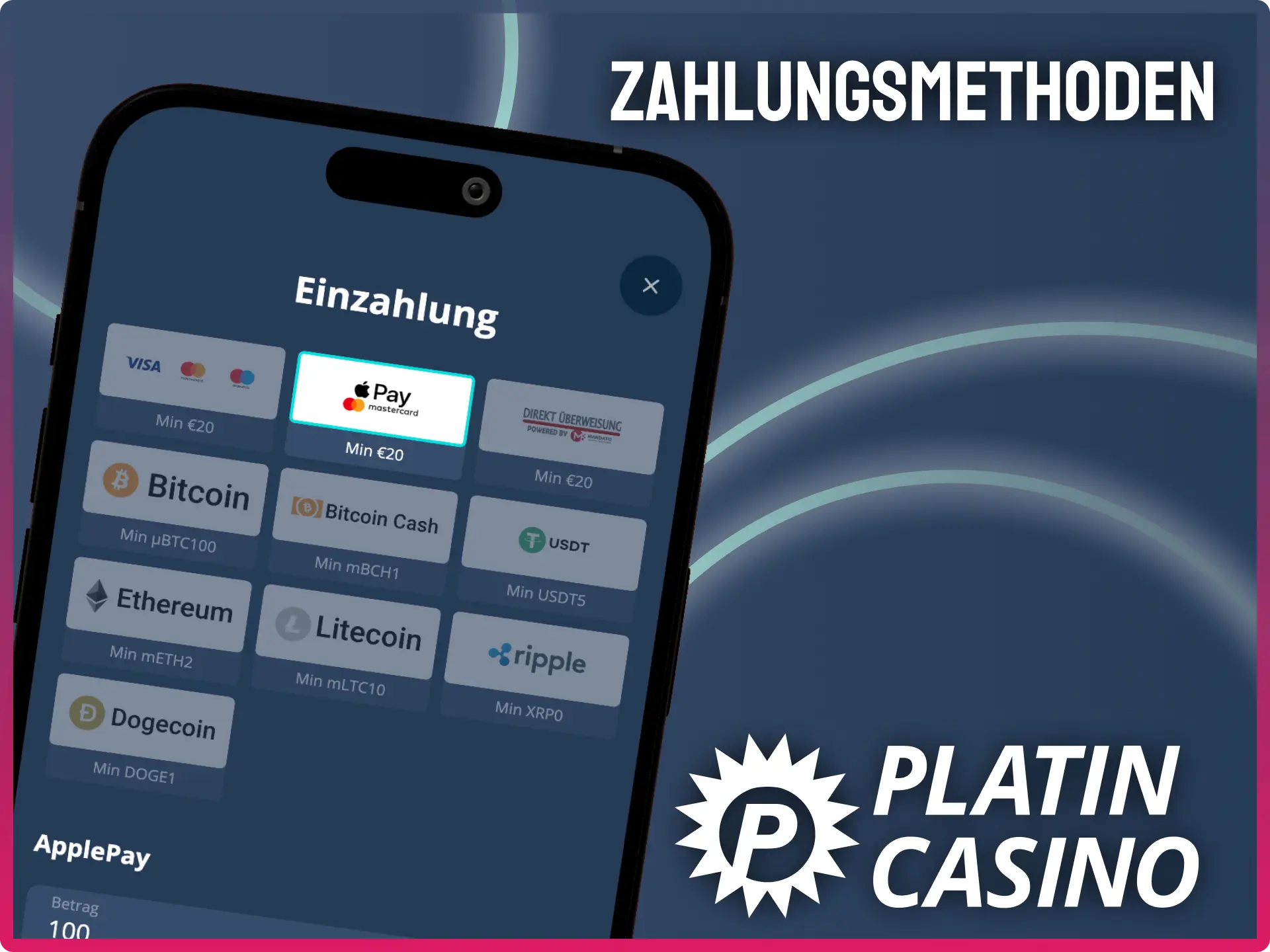 Zahlungsmethoden in der Platin Casino App prüfen und einzahlen.
