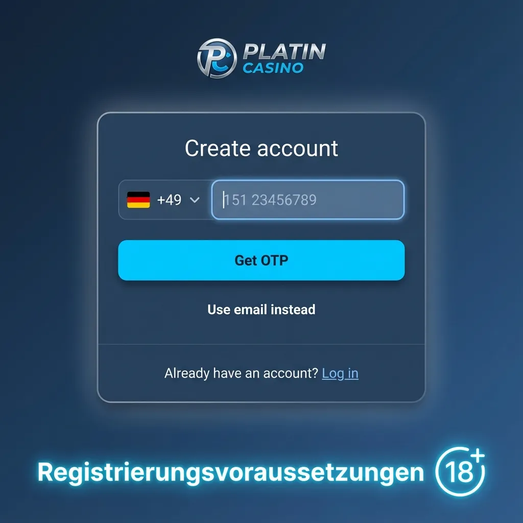 Grafik mit Liste der Registrierungsvoraussetzungen für Platin Casino in Deutschland, inklusive Alter, Daten und Ausweisprüfung