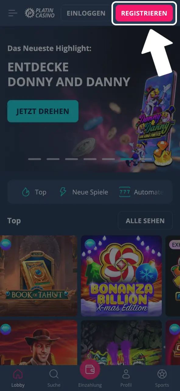 Platin Casino Registrierung in der App öffnen.