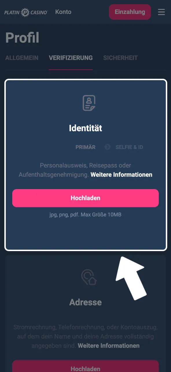 Platin Casino Identitätsdokument hochladen und bestätigen.