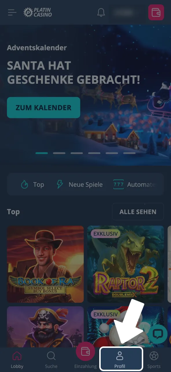 Platin Casino Profilbereich öffnen und Status prüfen.