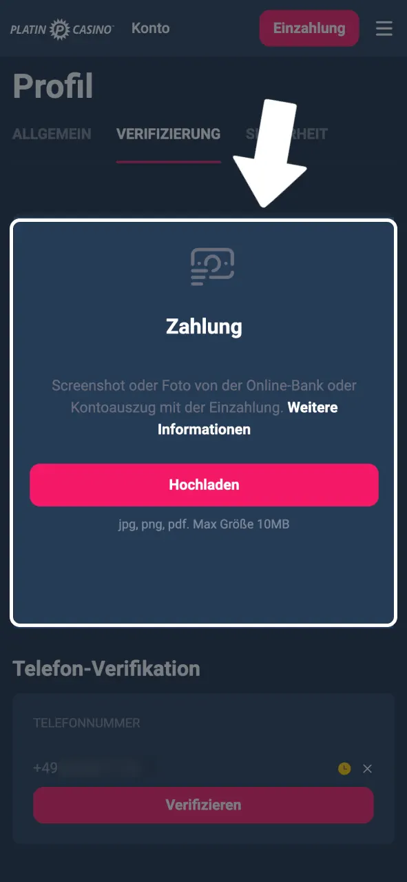 Platin Casino Zahlungsmittel prüfen und bestätigen.