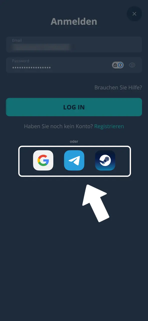 Platin Casino Anmeldemethode wählen und einloggen.