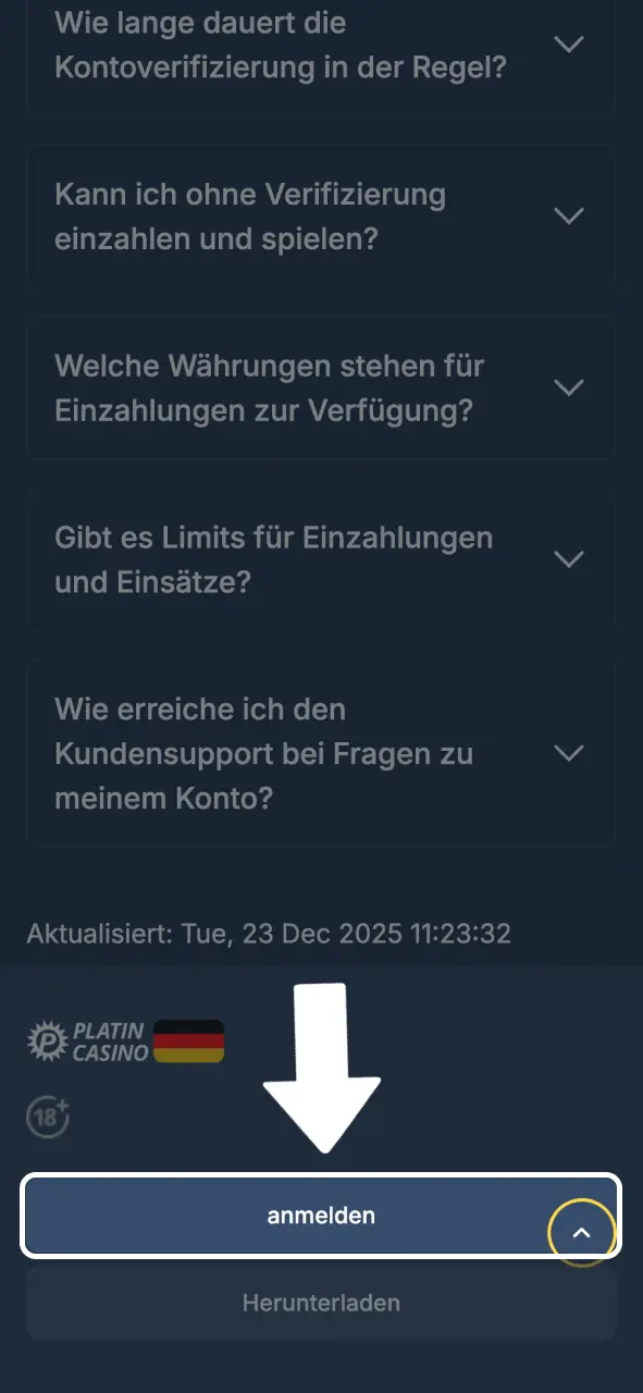 Unten auf Login klicken und Platin Casino öffnen.