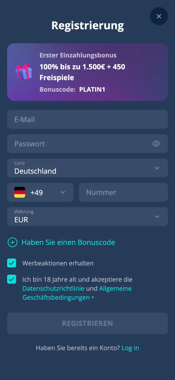 Platin Casino Anmeldemethode wählen und registrieren.