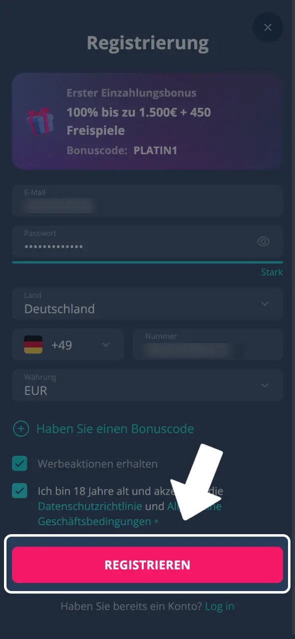 Platin Casino Konto bestätigen und einloggen.